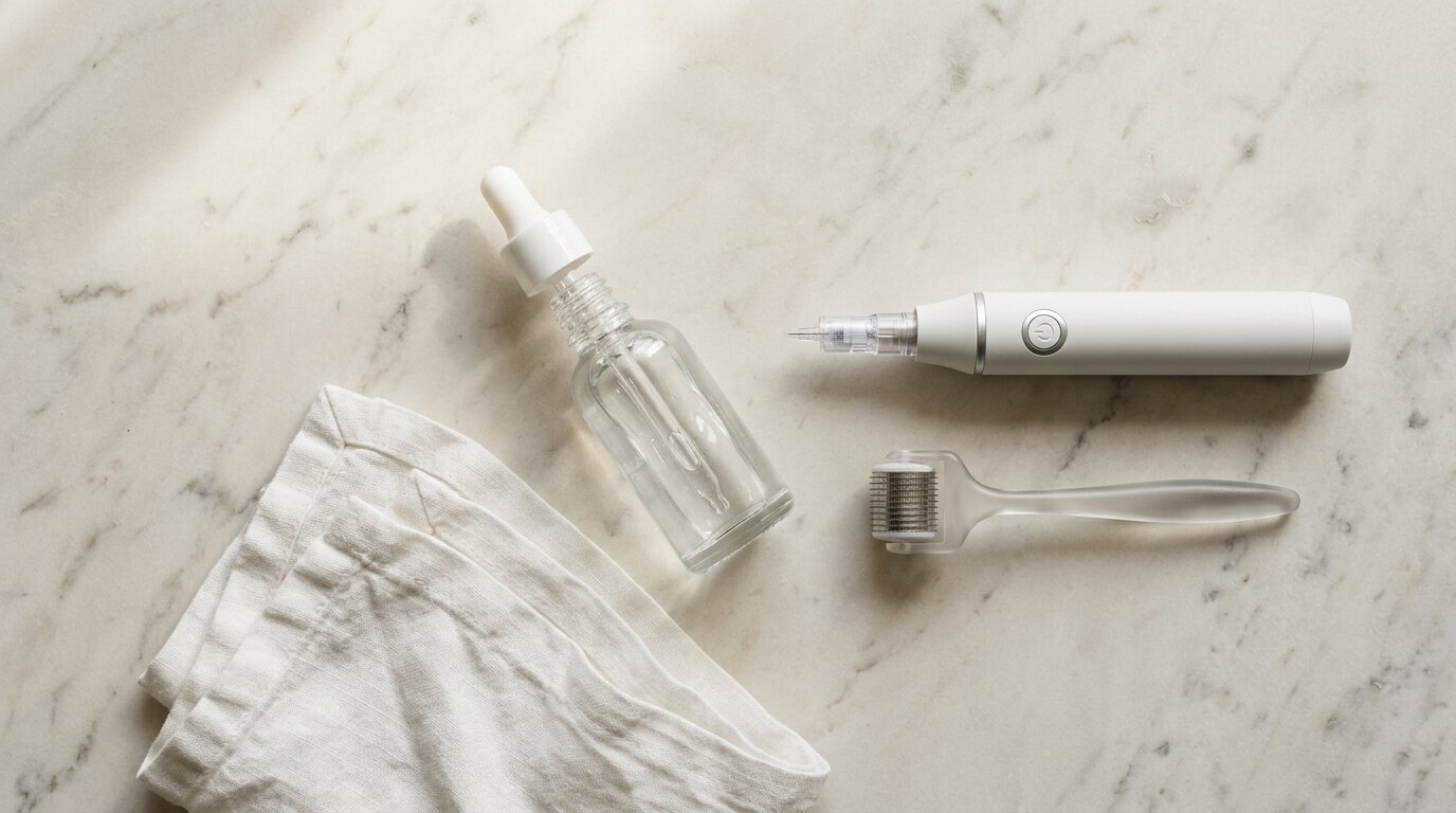 At-home microneedling tools and hyaluronic acid serum on marble surface