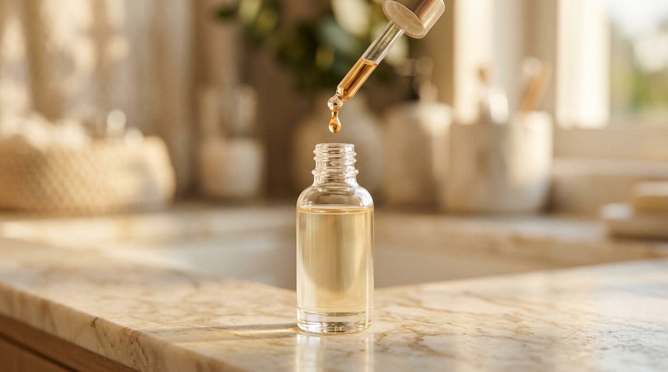 Hyaluronic acid serum dropper releasing a golden droplet on marble
