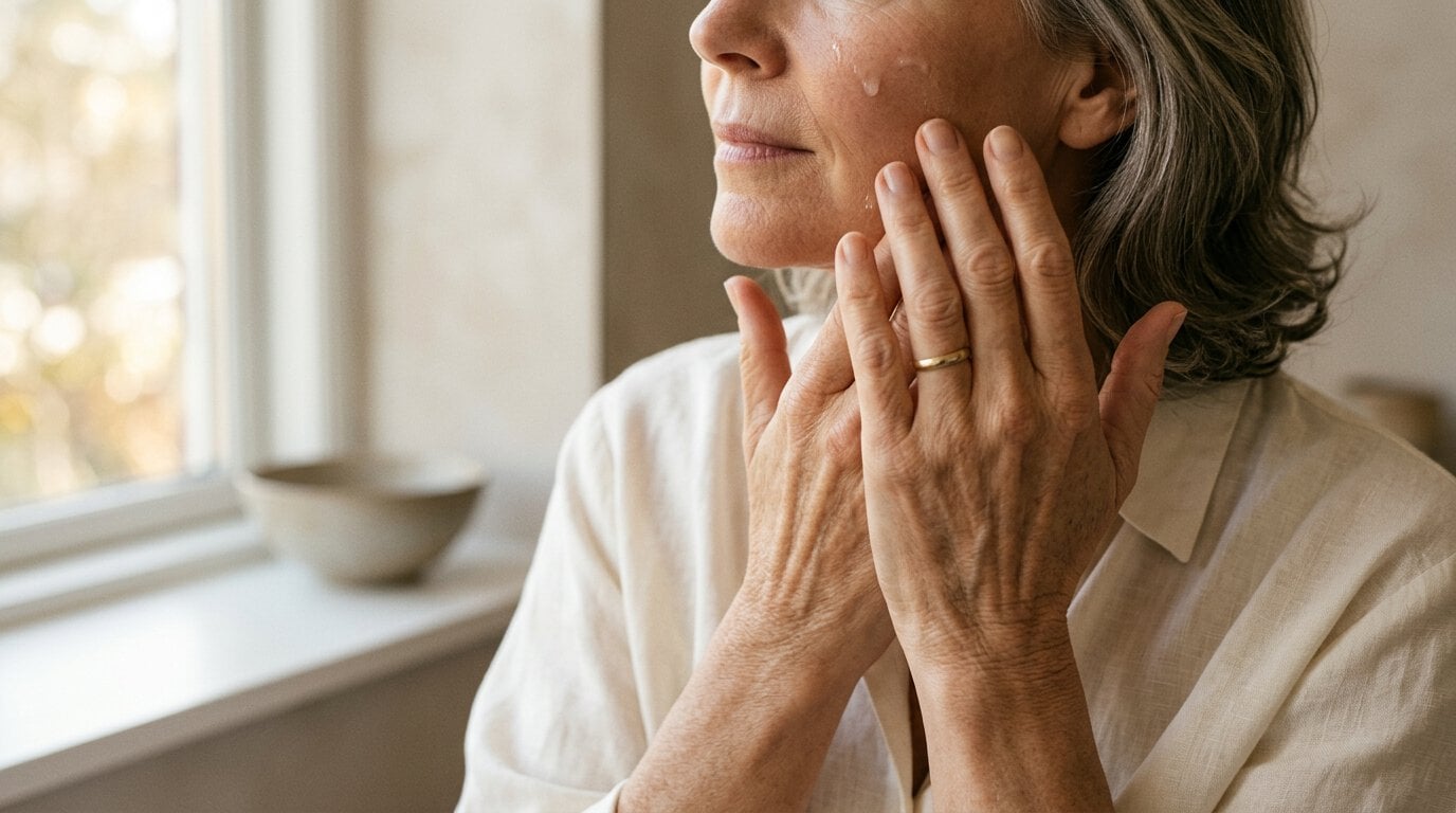 Mature woman applying skincare serum to her cheek for GLP-1 face