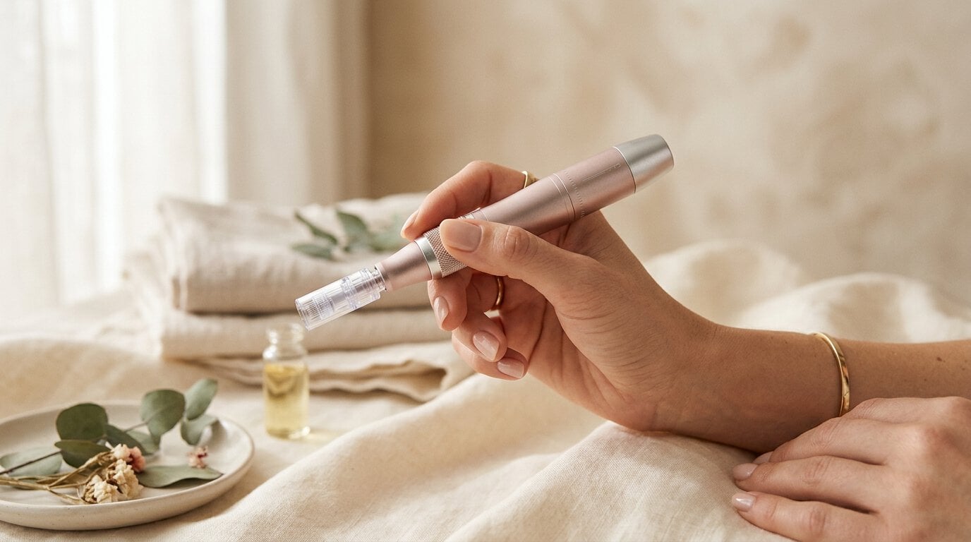 Hand holding a derma pen device for at-home microneedling