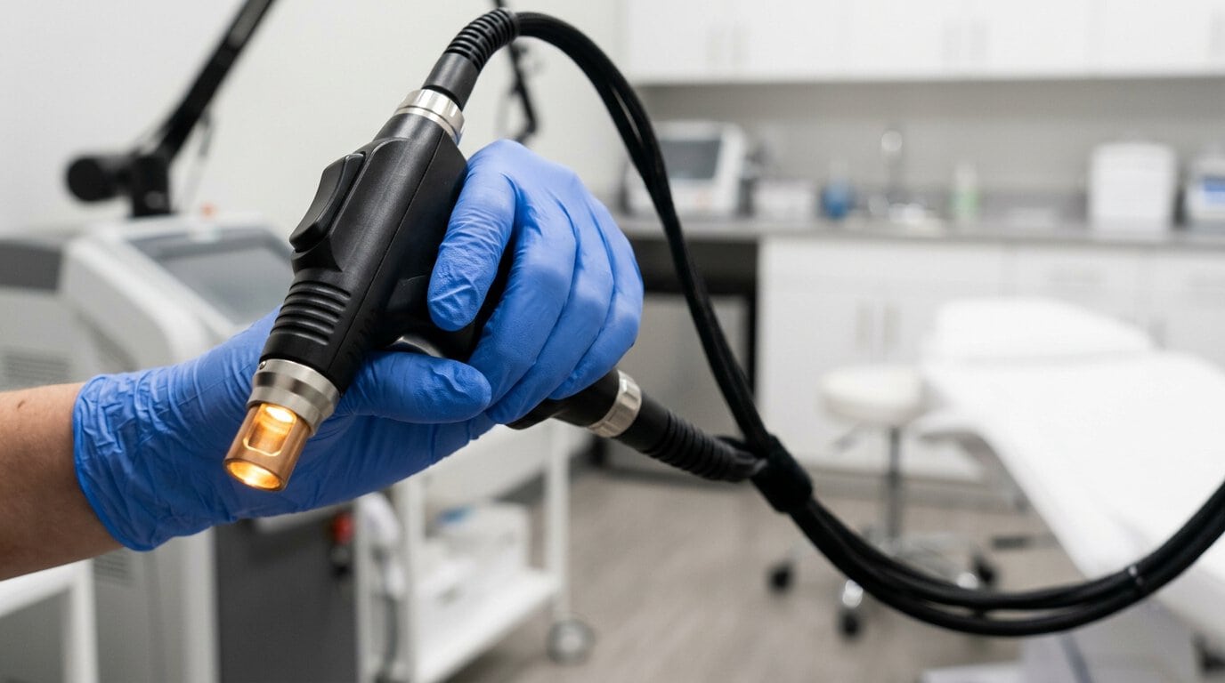 Moxi laser handpiece held by gloved hand in medspa setting