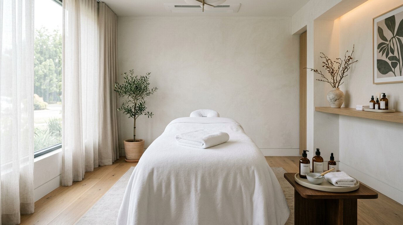 Clean medspa treatment bed with skincare products on side tray