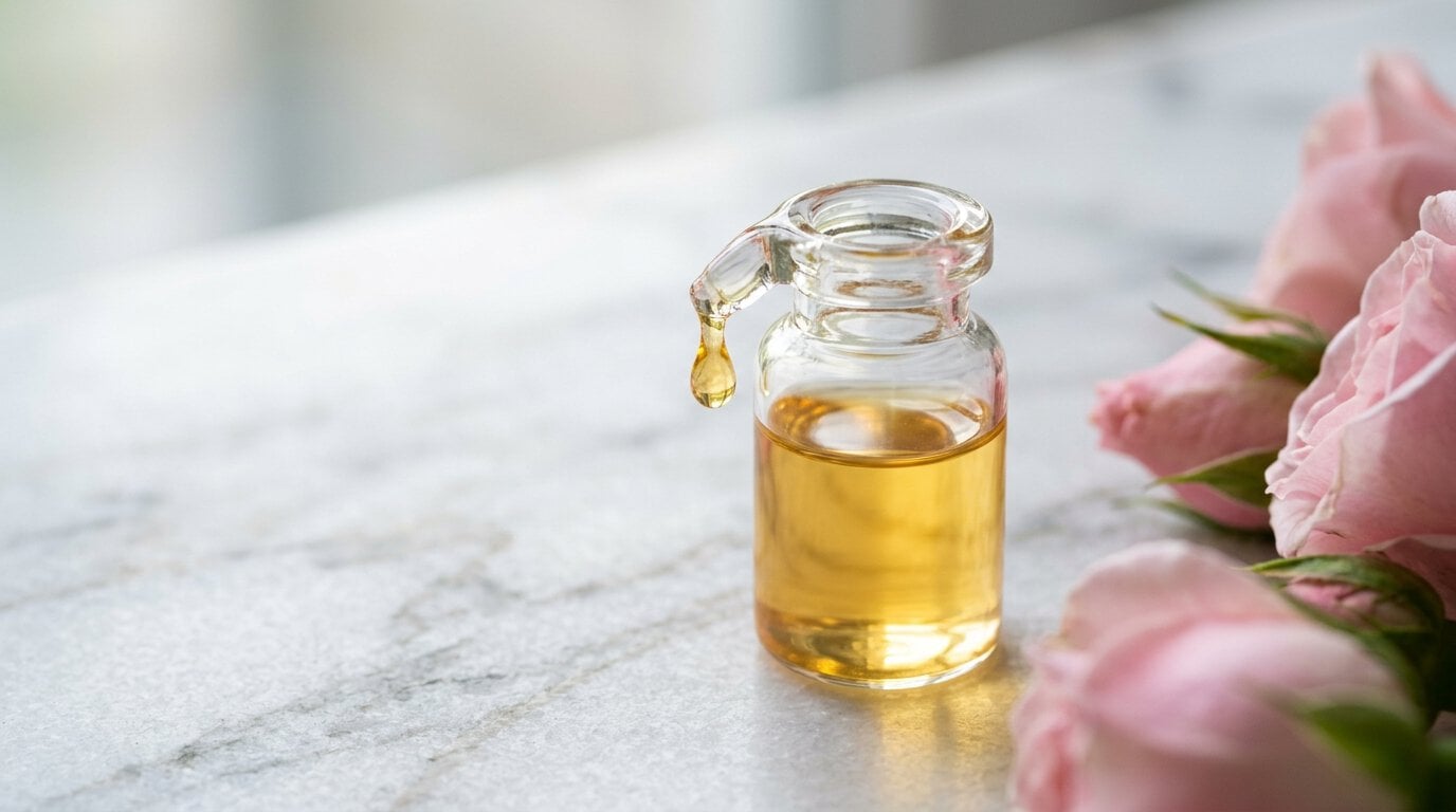 Profhilo hyaluronic acid vial with droplet near pink roses