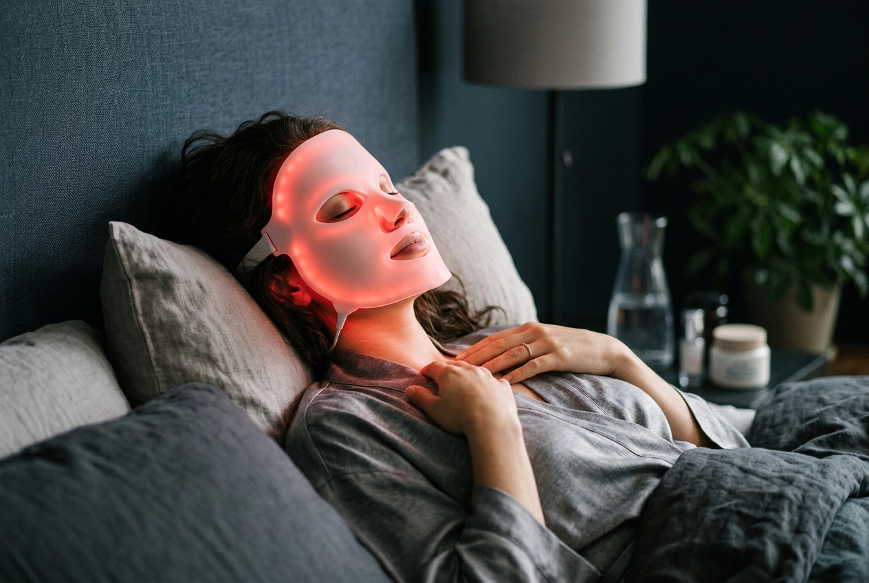 Woman using a red LED light therapy face mask at home