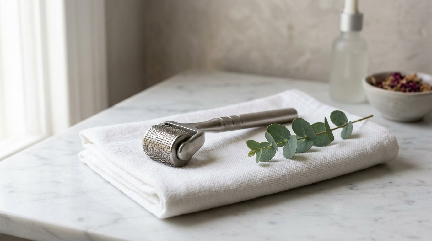 Titanium derma roller on a folded towel on marble