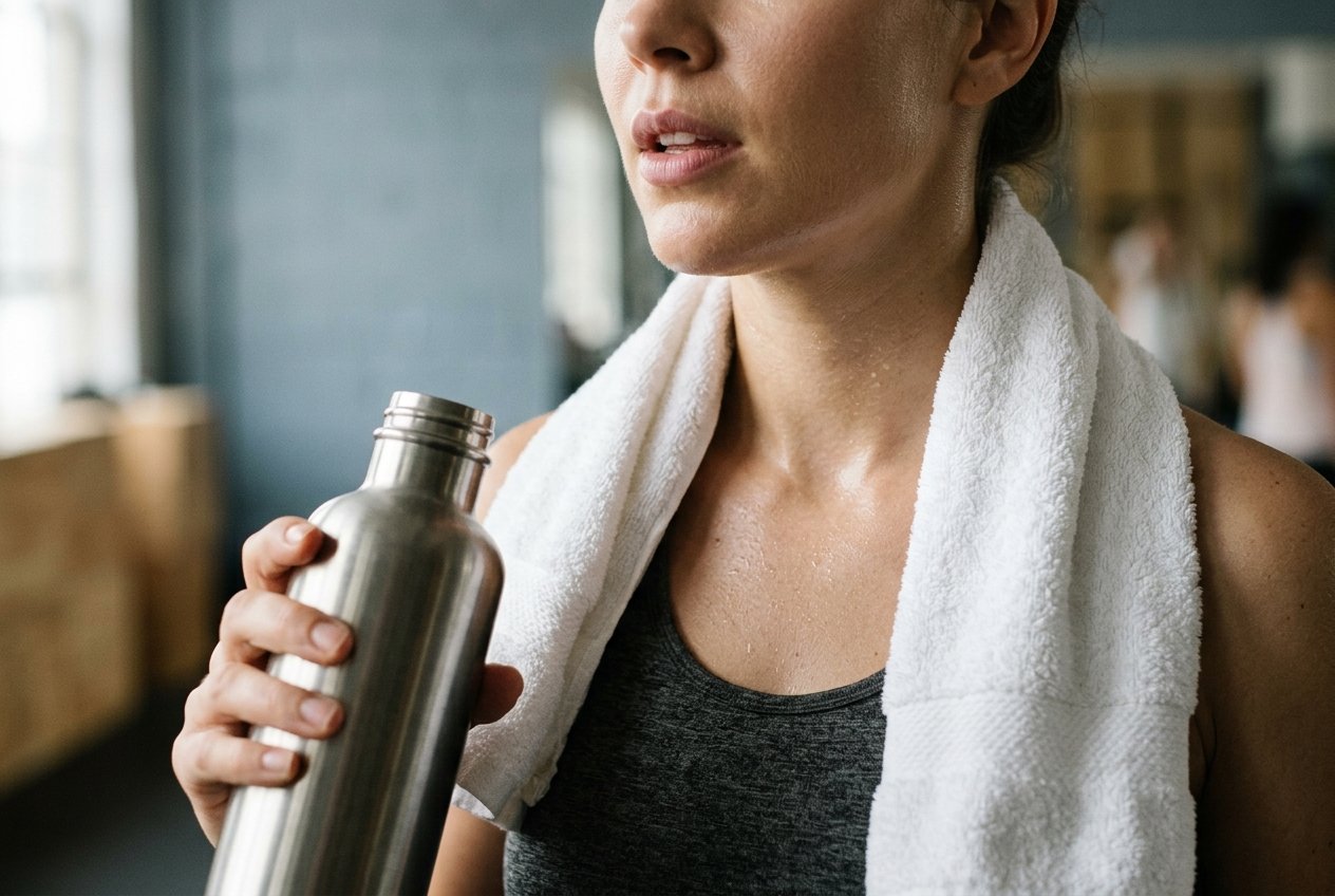 Woman resting with a towel and water bottle after a workout
