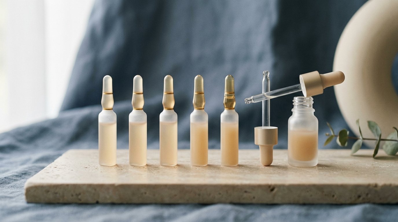 Exosome and PDRN serum ampoules on a stone surface