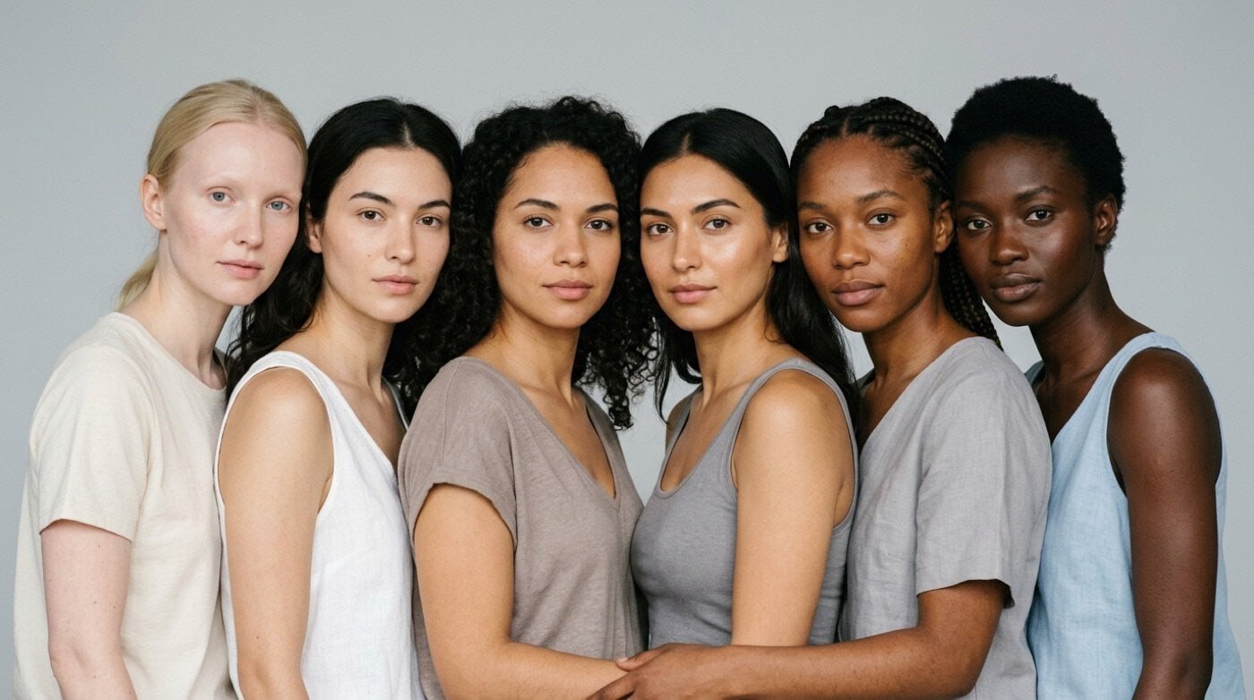 Six women representing the six Fitzpatrick skin types, from very fair to deeply pigmented