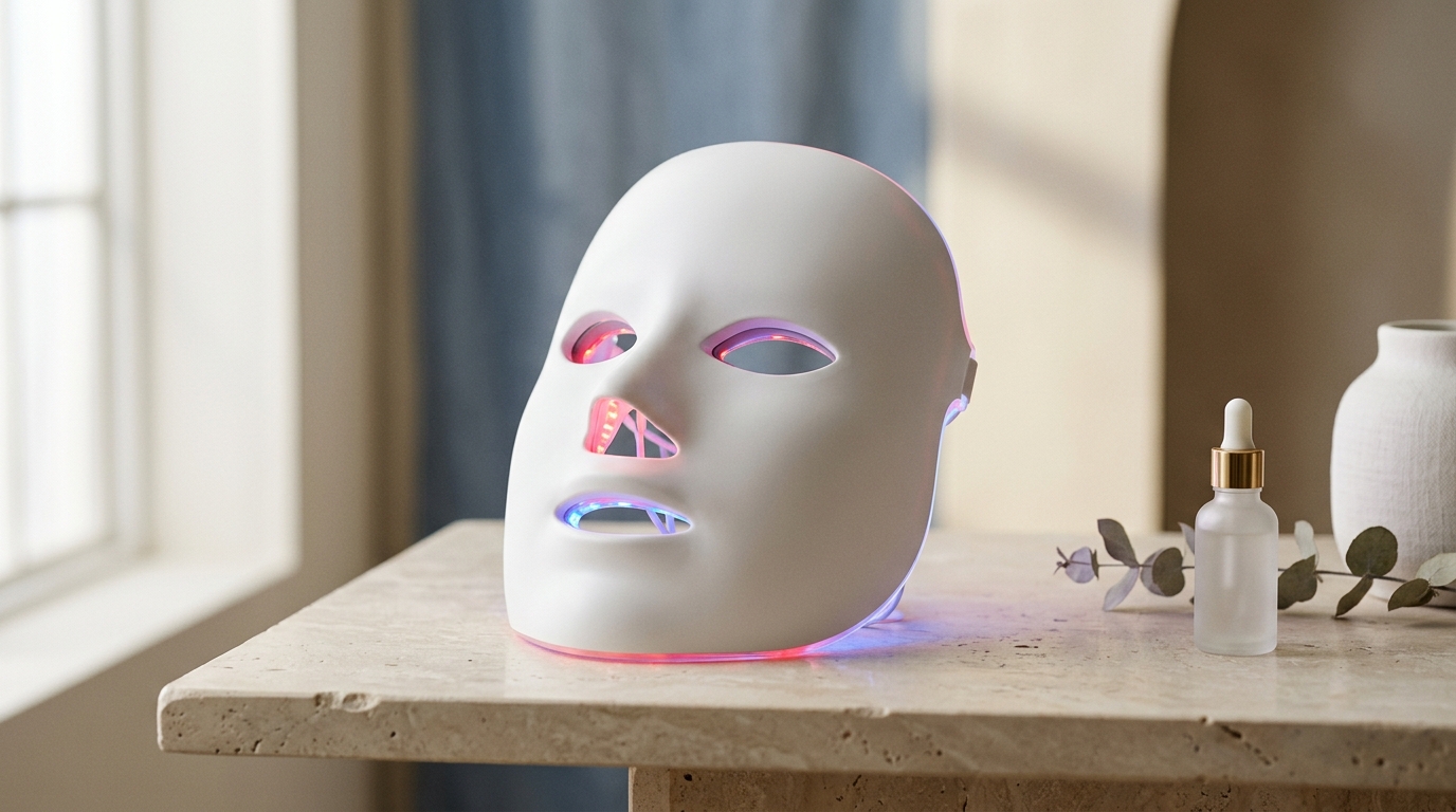 LED light therapy face mask glowing with red and blue light