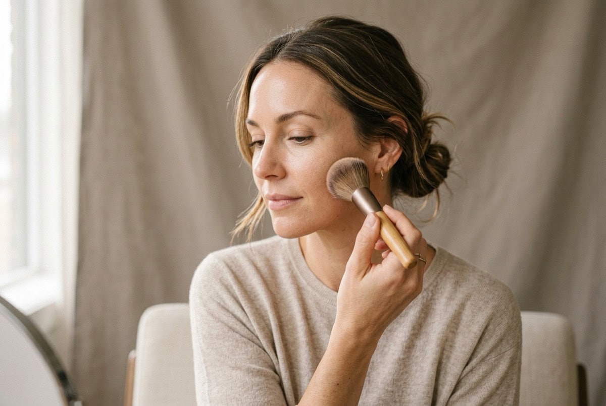 Woman applying mineral powder makeup with a soft brush, the safe choice after microneedling