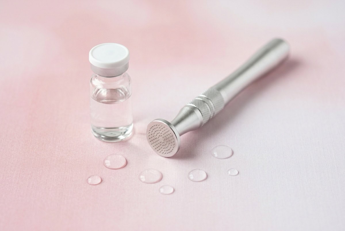 Microchanneling stamp applicator beside a serum vial