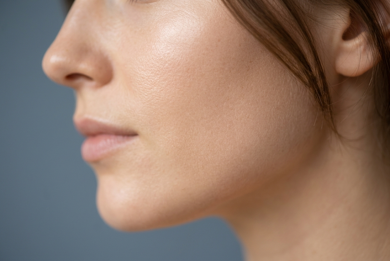 Close-up of clear, healthy skin after microneedling for acne scars