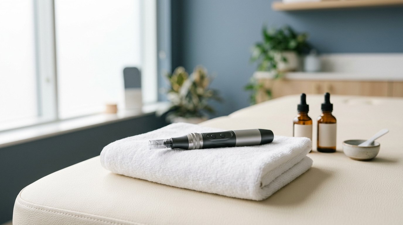 Professional microneedling pen on a spa treatment table