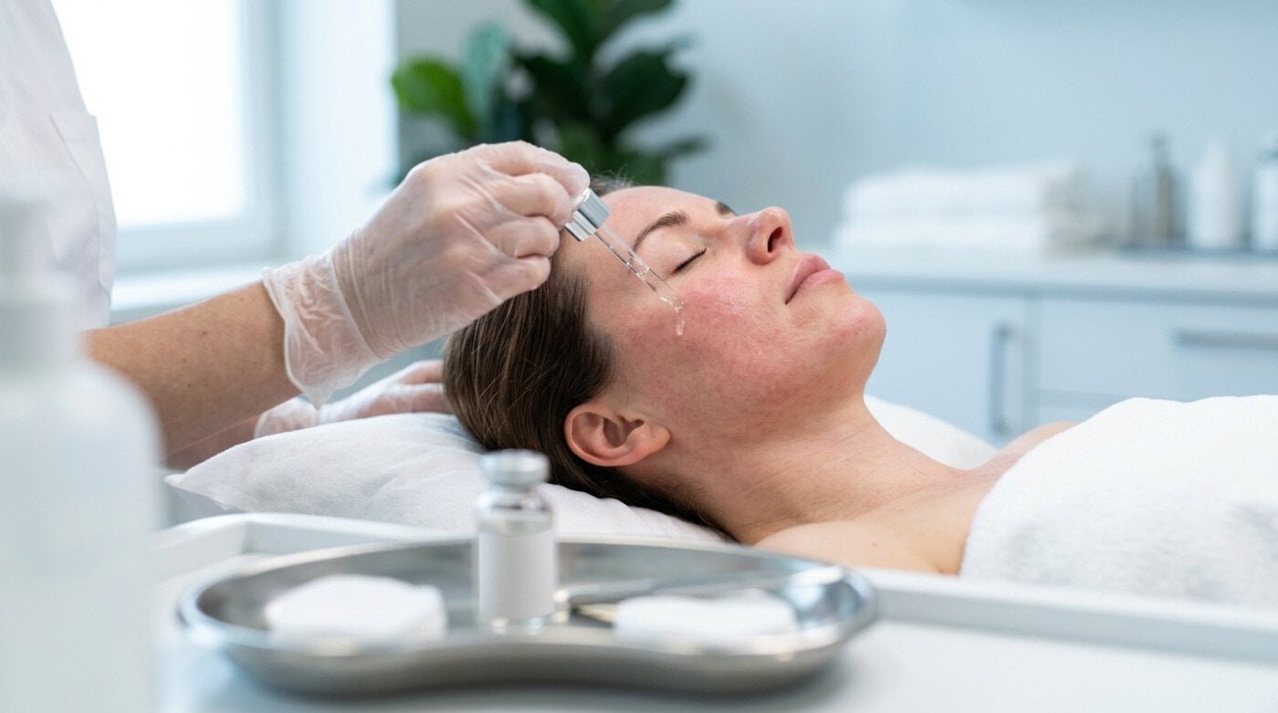 Exosome serum applied with a dropper onto skin just after microneedling