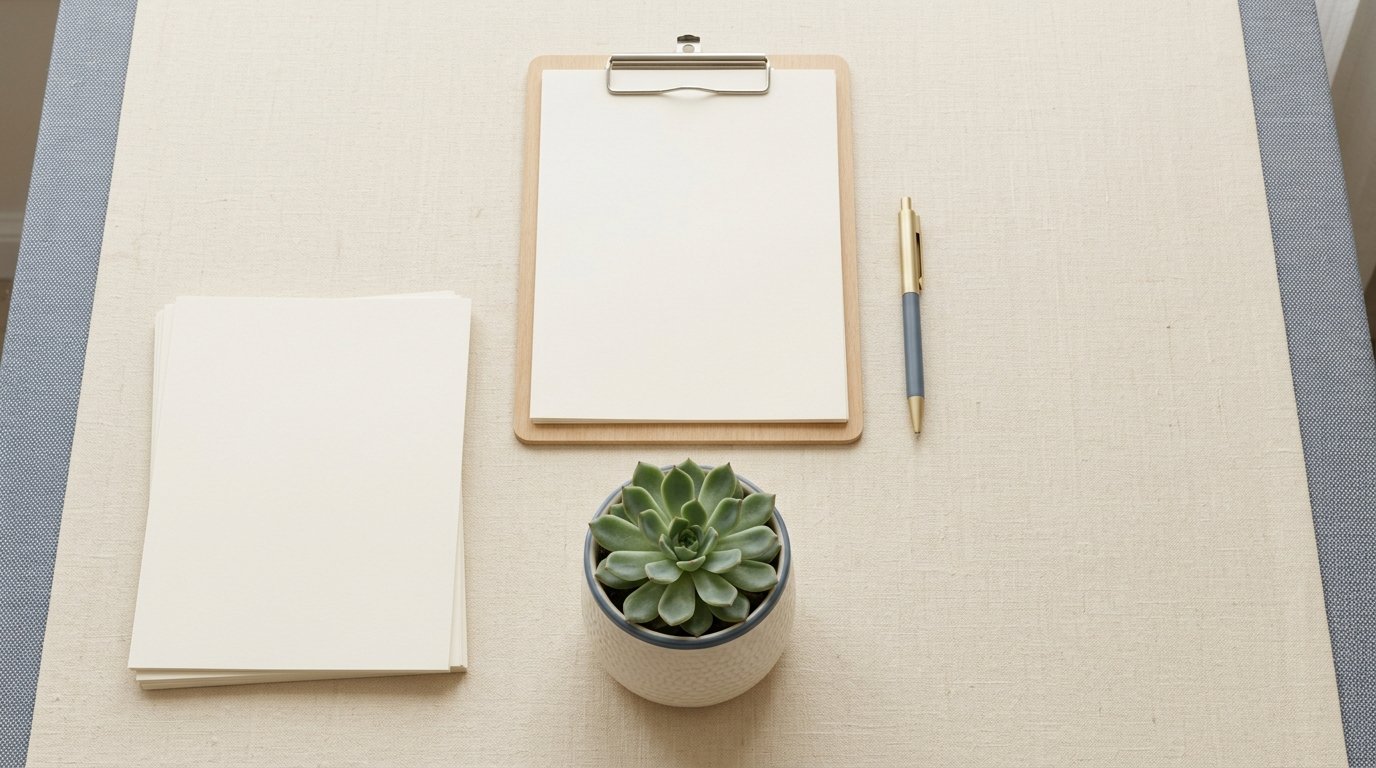 Esthetician desk flat-lay with clipboard and professional forms