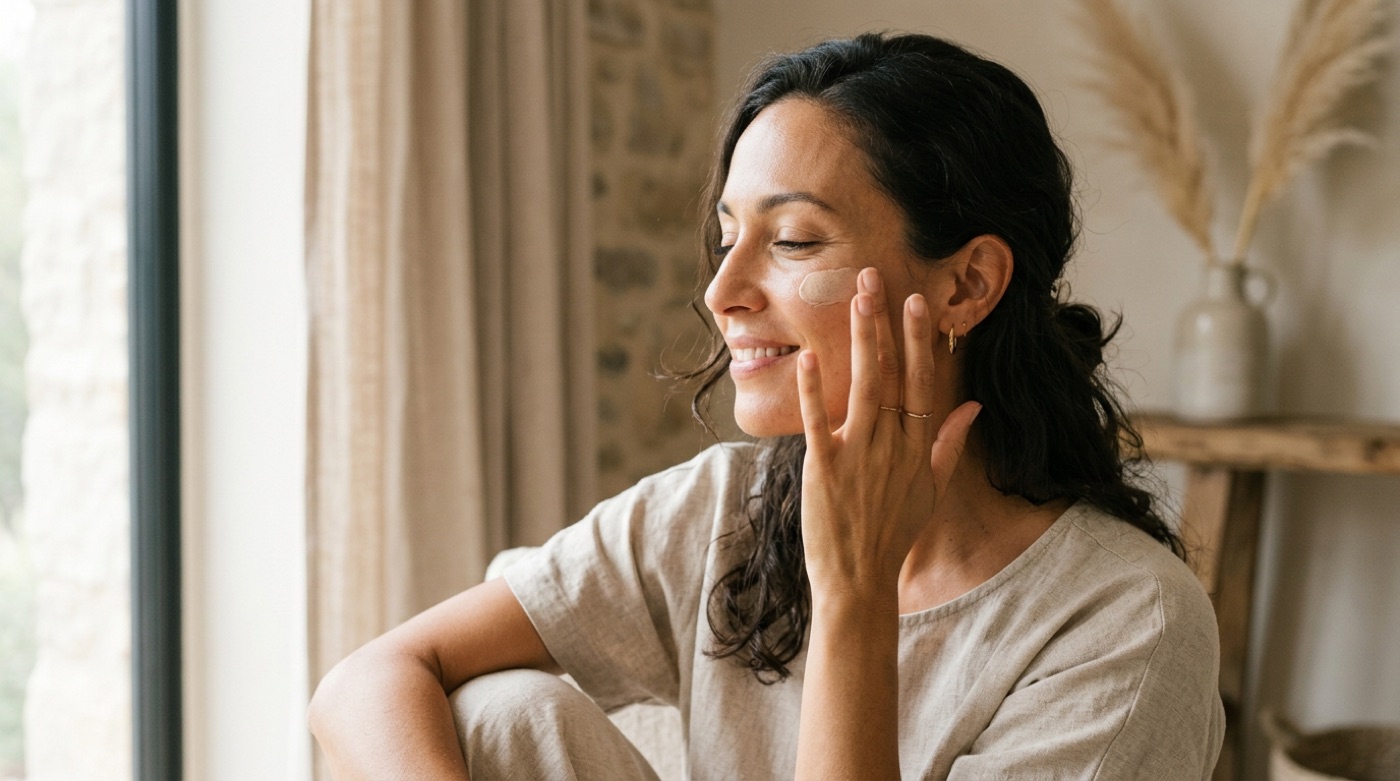 Woman applying tinted mineral sunscreen, the key daily step for managing melasma