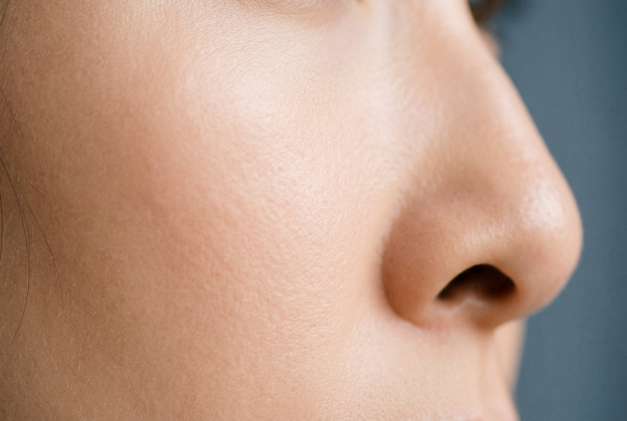 Close-up of refined skin texture and minimized pores on the nose and cheek