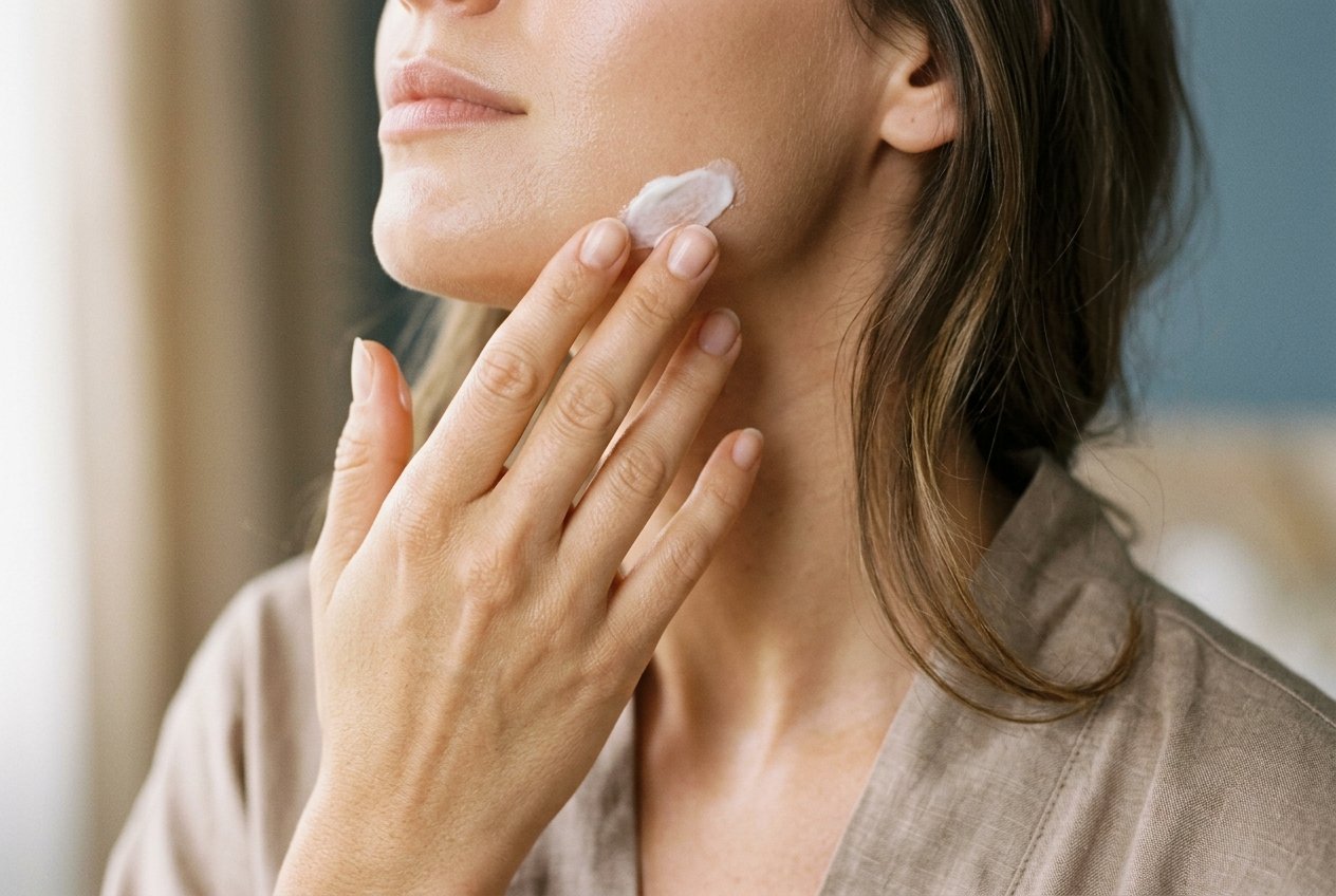 Woman applying moisturizer to soothe skin while it heals after microneedling