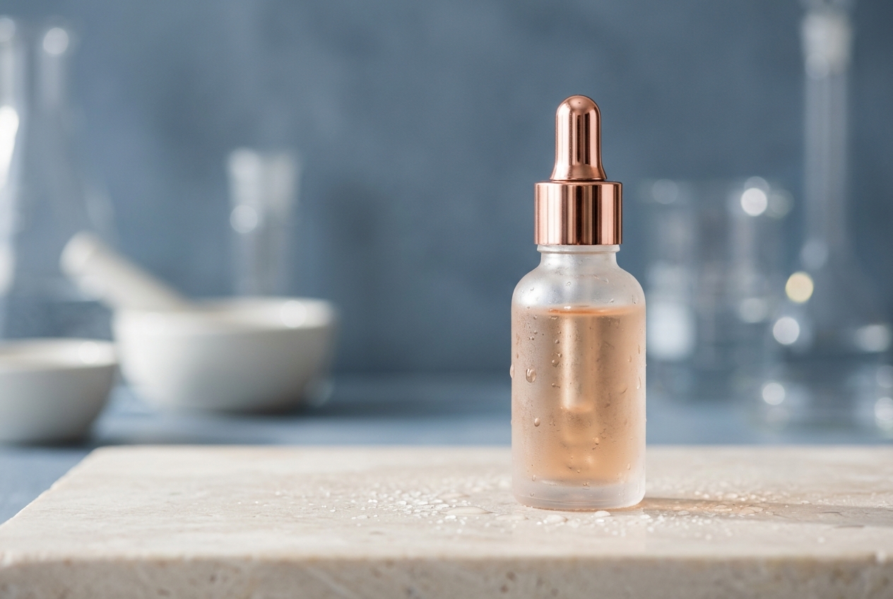Frosted serum vial representing exosome and growth factor serums used with microneedling