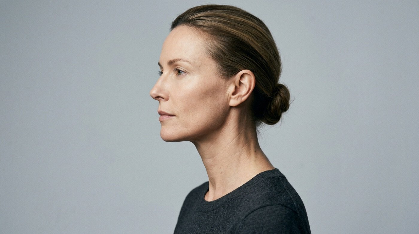 Profile view of a woman's jawline and neck, the areas Morpheus8 is most often used to treat