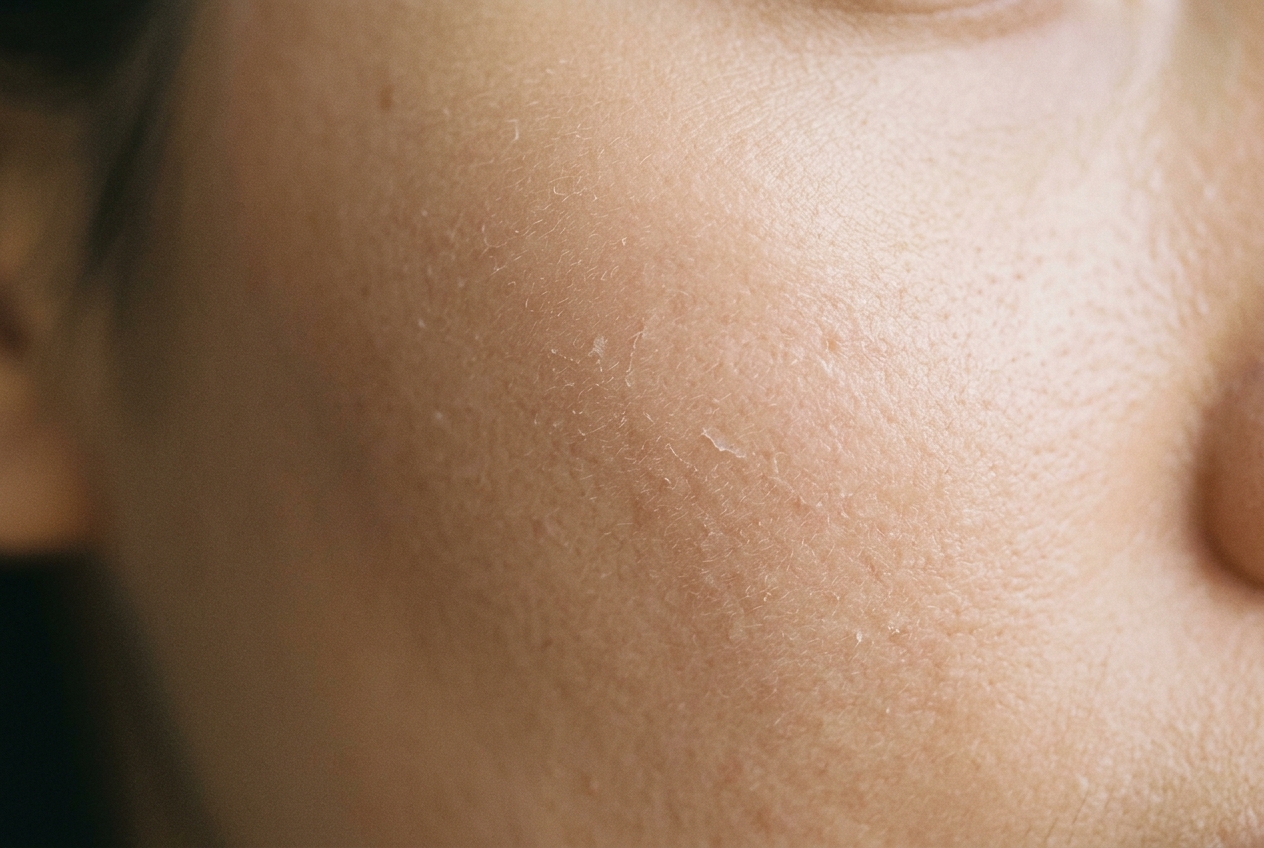 Close-up of skin lightly flaking and shedding a few days after microneedling