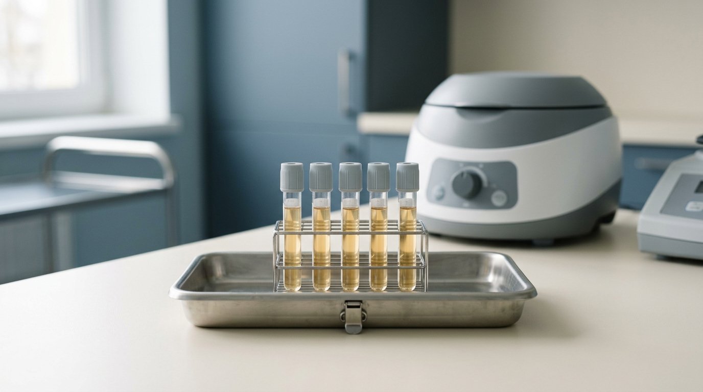 PRP serum tubes on a clinical tray with a centrifuge