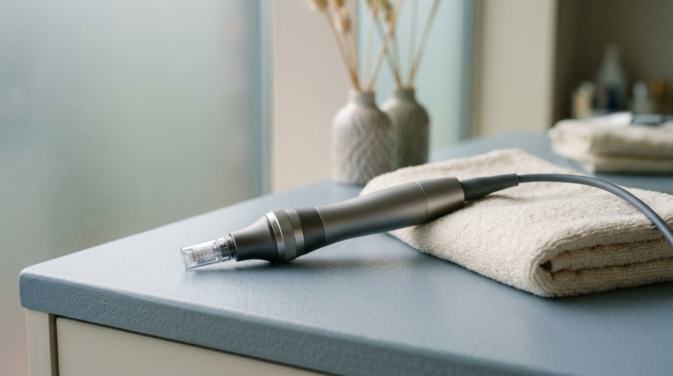 Radiofrequency microneedling handpiece on a clinical surface