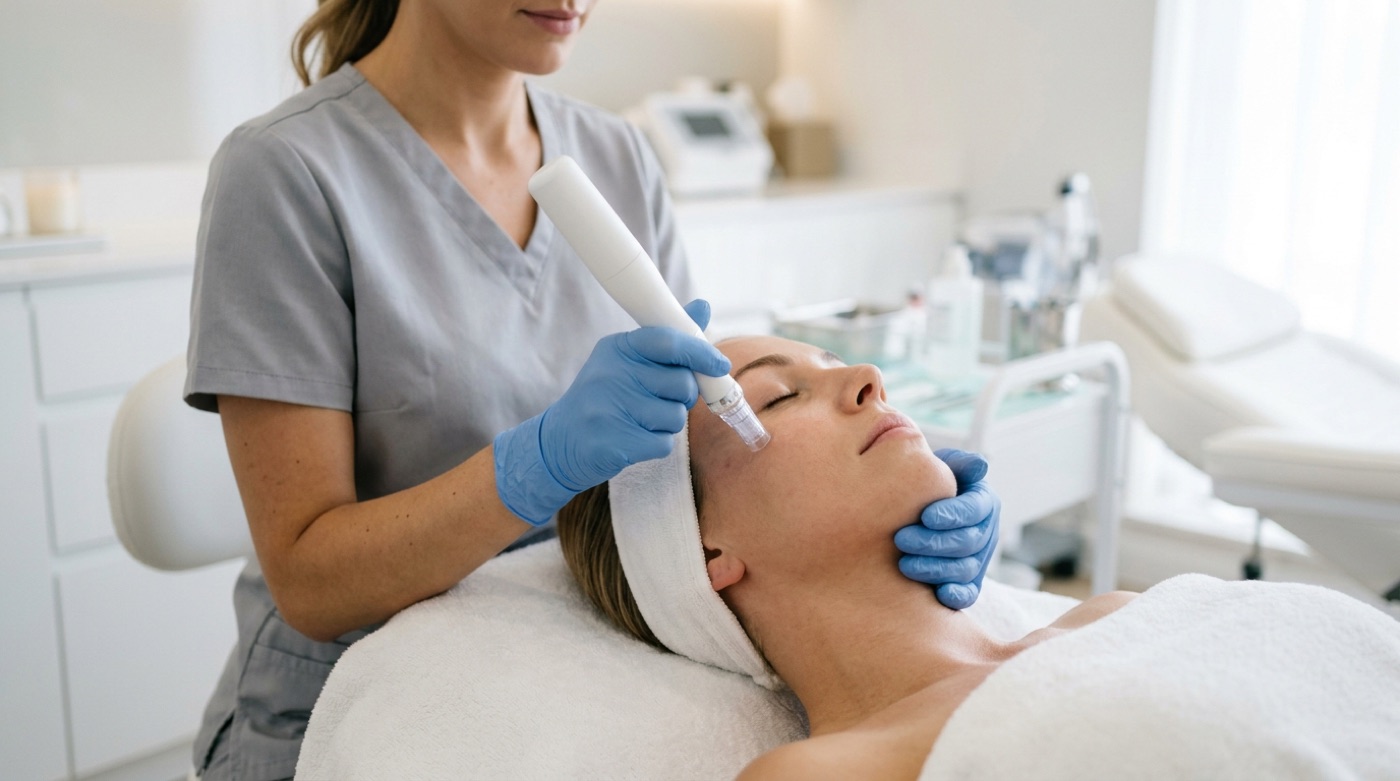 Practitioner performing a professional microneedling treatment in a clinic setting