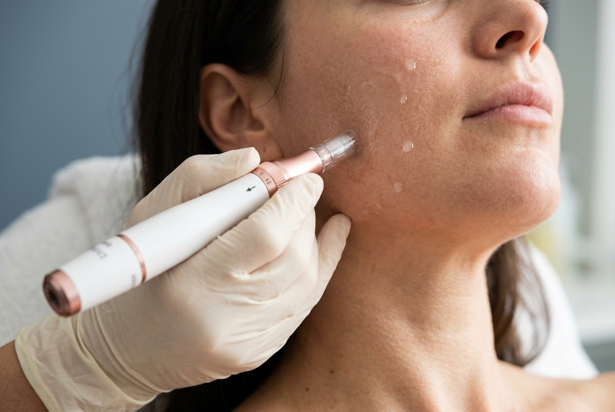 Esthetician applying serum with a microneedling pen during treatment