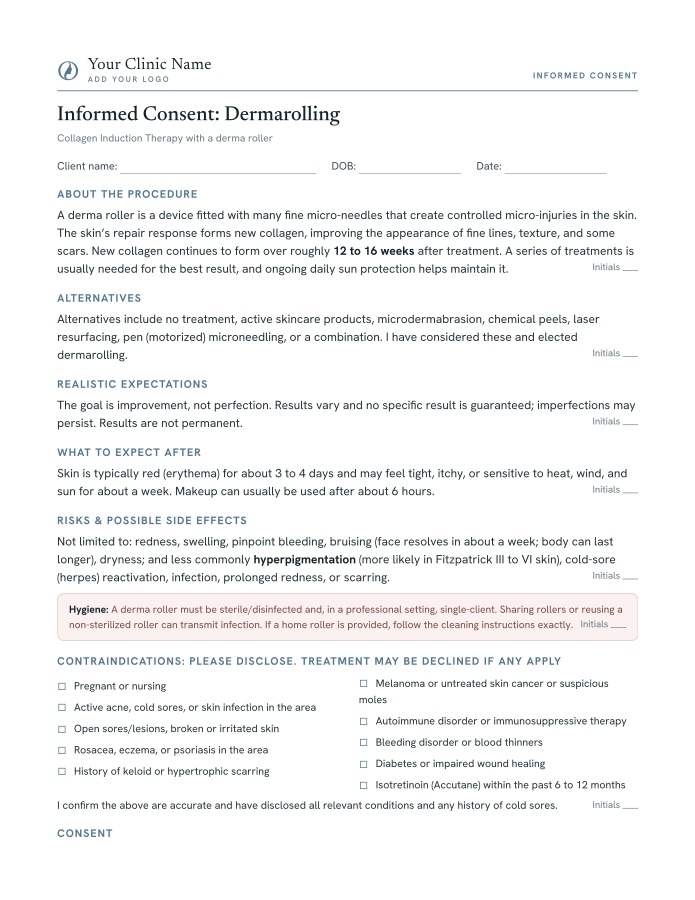 dermarolling consent form template preview, free printable PDF