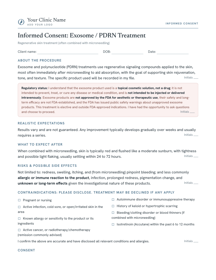 exosome / PDRN consent form template preview, free printable PDF