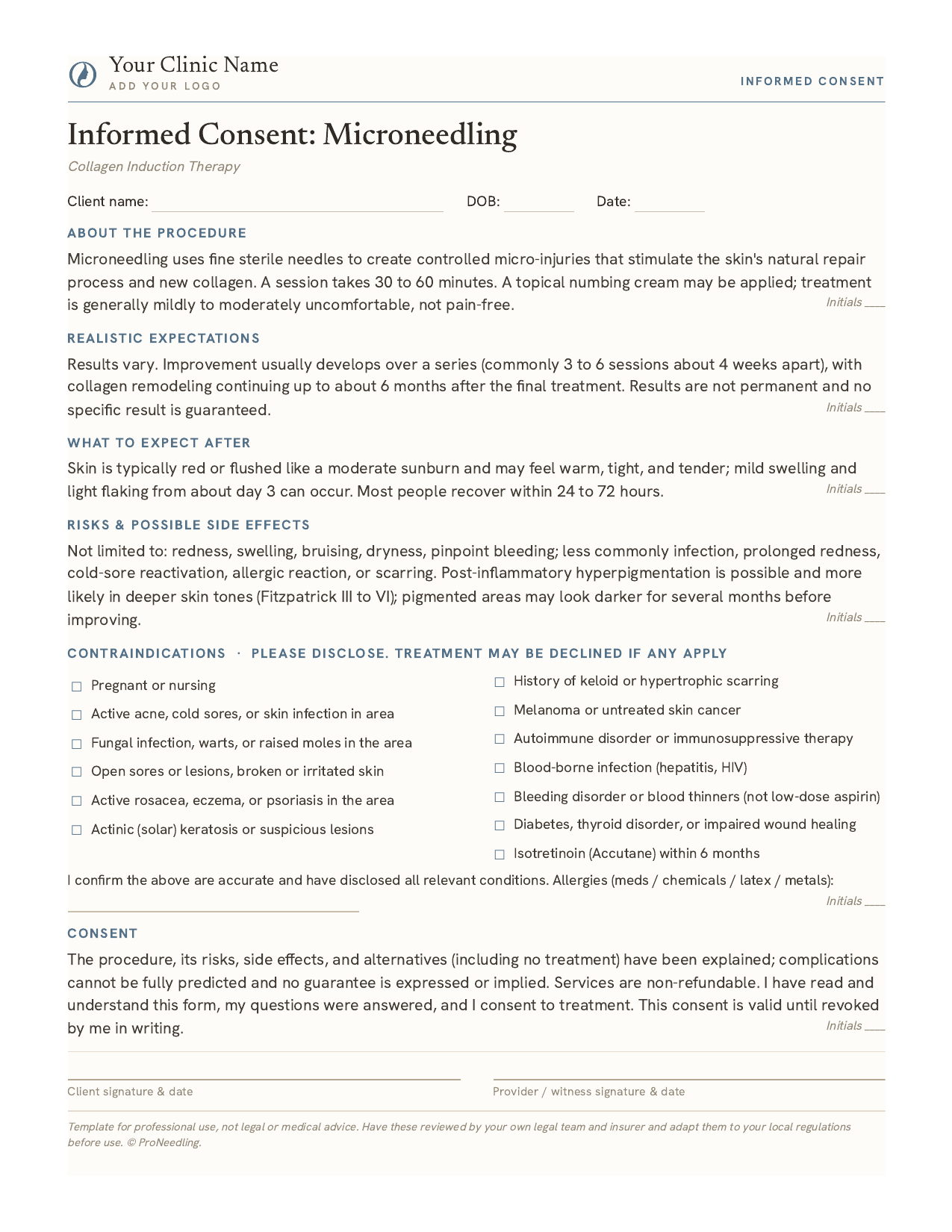 Microneedling consent form template preview, free printable PDF