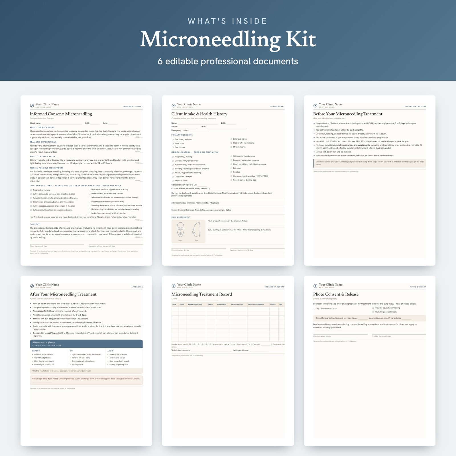 The six microneedling client forms included in the kit