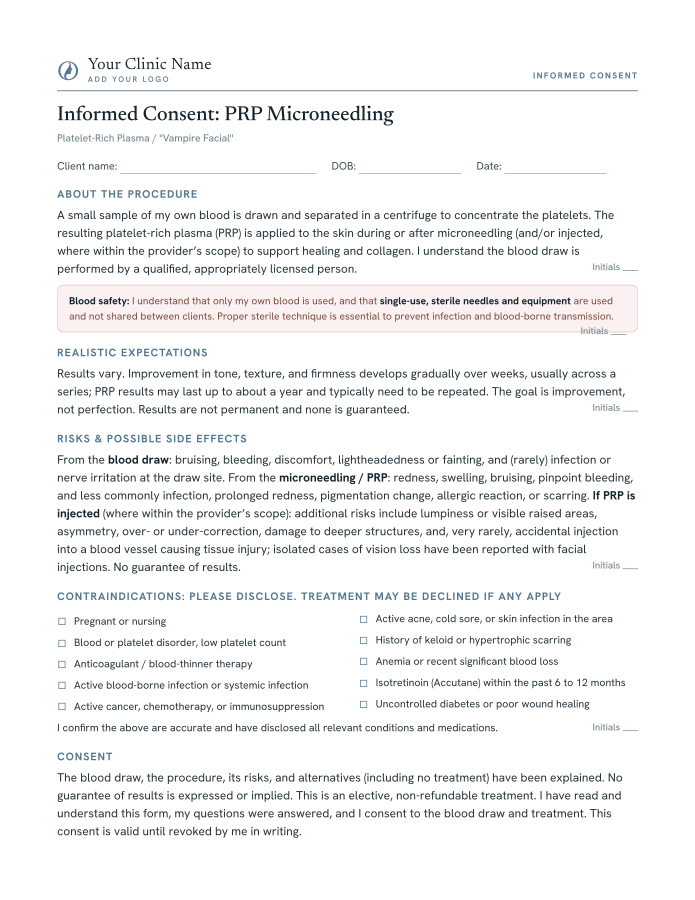 PRP consent form template preview, free printable PDF