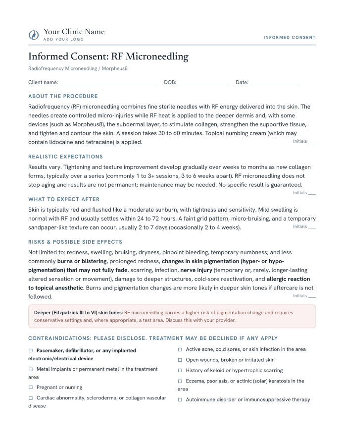 RF microneedling consent form template preview, free printable PDF