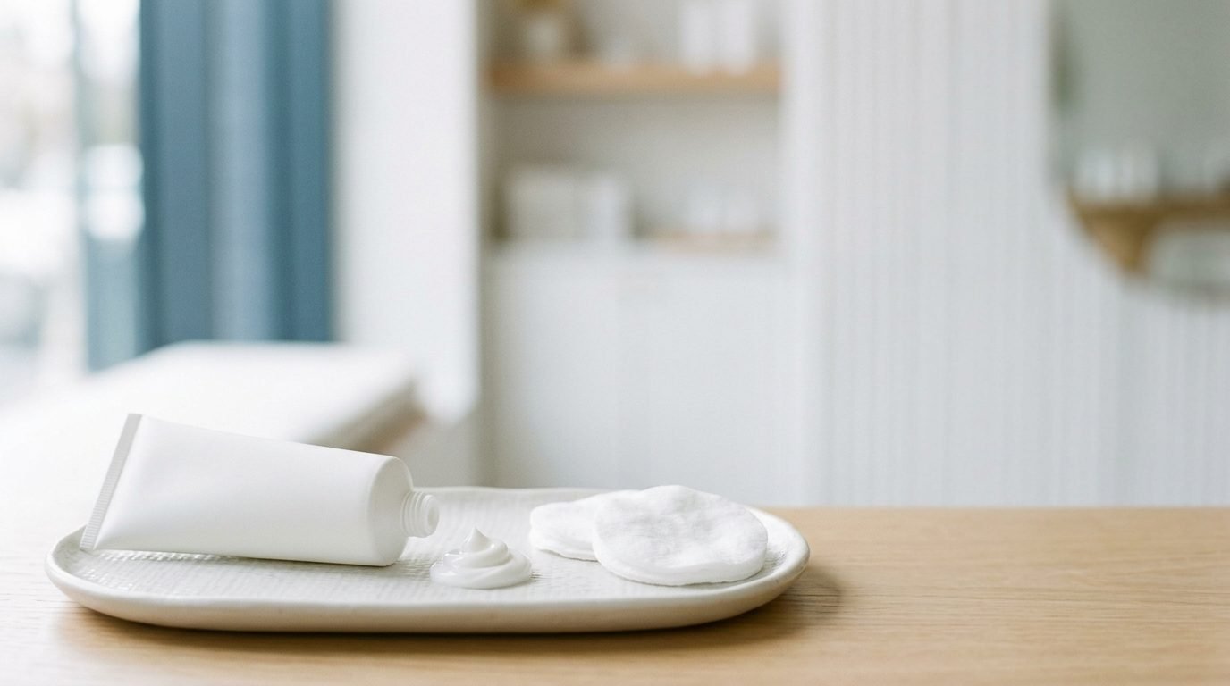 Numbing cream tube with cream and cotton pads on a tray