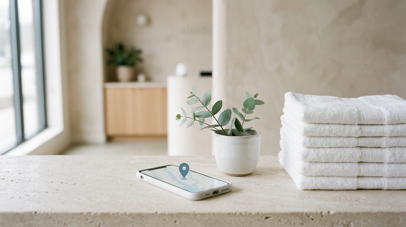 Med spa reception counter with a phone showing a map pin, folded towels and eucalyptus