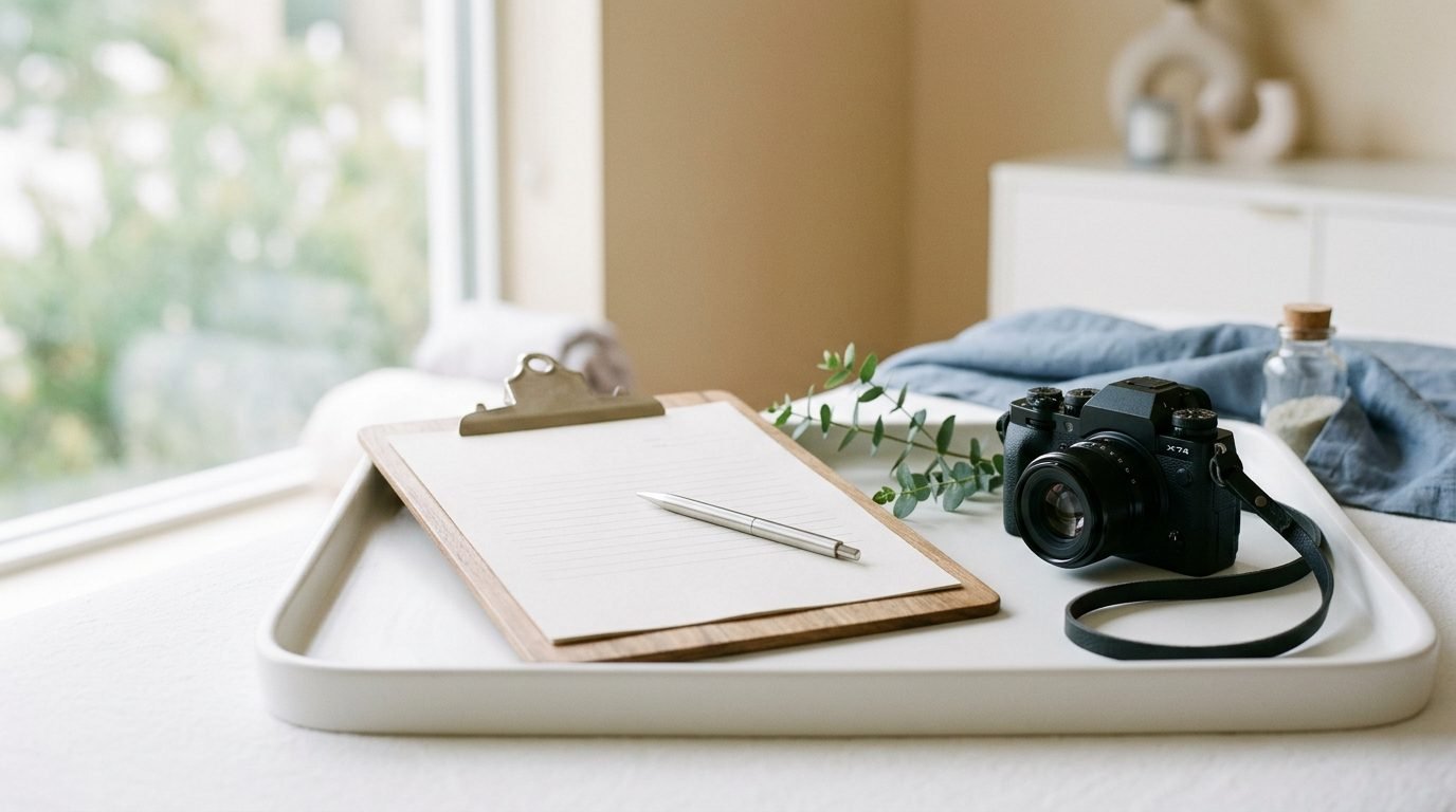Clipboard with a blank consent form, pen and camera on a white treatment tray